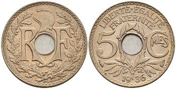 Франция 5 сантимов 1936 тип Линдайё KM 875 медно-никель    4594-1149