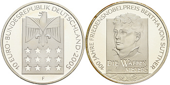 ФРГ 10 евро 2005 F, 100 лет со дня рождения Берты фон Зутнер, лауреат Нобелевской премии KM 242, DE.S. 10.23 серебро PROOF 1076-3-55