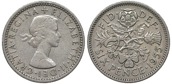 Великобритания 6 пенсов 1955 Елизавета II (1952-2022) KM 903, Spink 4149 медно-никель 4122-614