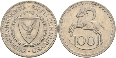 Кипр 100 милсов 1978 европейский муфлон KM 42 медно-никель 4168-616