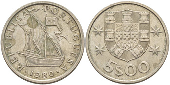 ПОРТУГАЛИЯ 5 ЭСКУДО 1980 ПАРУСНИК KM 591 медно-никель 4551-1027