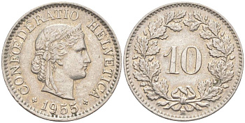 ШВЕЙЦАРИЯ 10 РАППЕНОВ 1955 В KM 27 медно-никель 55-245
