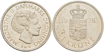 Дания 1 крона 1978 S; B, Маргрете II (1972-) KM 862.1 медно-никель 4388-557