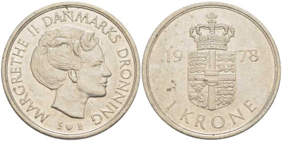 Дания 1 крона 1978 S; B, Маргрете II (1972-) KM 862.1 медно-никель 4388-557