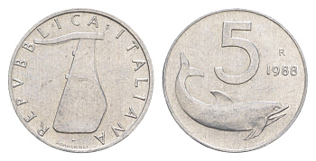 Италия 5 лир 1988 R, плуг, дельфин KM 92 алюминий 4547-1035