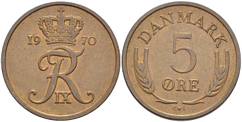 ДАНИЯ 5 ЭРЕ 1970 C; S, ФРЕДЕРИК IX (1947-1972) KM 848.1 бронза 67-857