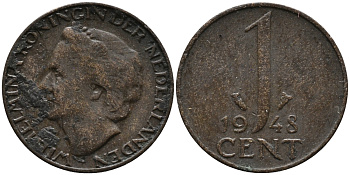Нидерланды 1 цент 1948 Вильгельмина (1890-1948), год тип KM 175 бронза 3458-244