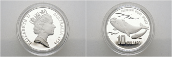 Австралия 10 долларов 1996 природа Австралии, южный гладкий кит, с китенком KM 314 серебро PROOF 02-070-36