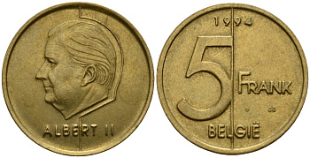Бельгия 5 франков 1994 Belgie, Альберт II (1994-2013) KM 190 алюминиевая бронза 4601-323