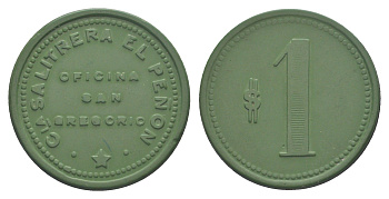 Чили, Сан-Грегорио (San Gregorio), Агуа Бланка (Agua Blanca) шахтерский жетон с Селитряного рудника для покупки в местных магазинах, номиналом в 1 песо 1880-1920 диаметр 30 мм, вес 3,18 гр Espinosa 275.8 эбонит (зеленый) 1094-1-51