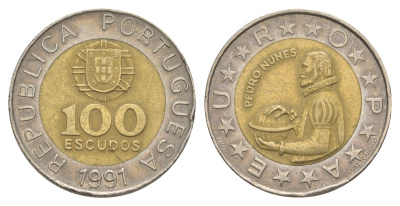 Португалия 100 эскудо 1991 Педру Нуниш (1502-1578), математик KM 645 биметалл 4388-815