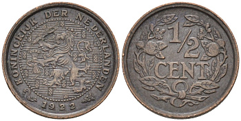 Нидерланды 1/2 цента 1922 Вильгельмина (1890-1948) KM 138 бронза 4576-428