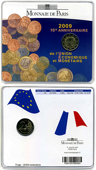 Франция 2 евро 2009 10 лет введения евро, буклет, пластик, запайка KM 1590 биметалл BUNC 000-00-00