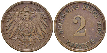 ГЕРМАНИЯ 2 ПФЕННИГА 1907 J KM 16, J. 11, Weege 4 медь 206-534