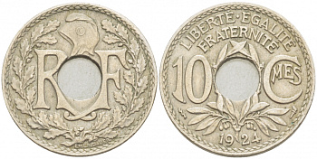 ФРАНЦИЯ 10 САНТИМОВ 1924 tb, ТИП ЛИНДАЙЁ, МОНЕТНЫЙ ДВОР ПУАССИ, МОЛНИЯ KM 866а, LE FRANC 138.11 медно-никель 4402-747