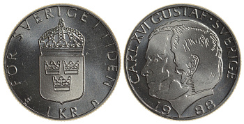 Швеция 1 крона 1988 Карл XVI Густав (1973- ) KM 852a медно-никель UNC 4179-1231