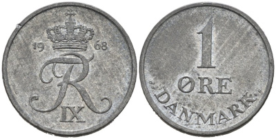 Дания 1 эре 1968 С; S, Фредерик IX (1947-1972) KM 839.2 цинк 4564-838