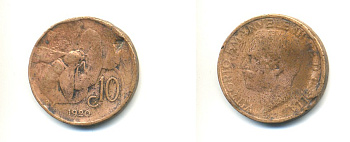 ИТАЛИЯ 10 ЧЕНТЕЗИМО 1920 R, МОНДВОР РИМ, ВИКТОР ЭММАНУИЛ III (1900-1946) KM 60 медь 80-1151