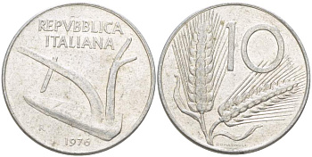 ИТАЛИЯ 10 ЛИР 1976 R, КОЛОСЬЯ, ПЛУГ KM 93 алюминий 4513-826