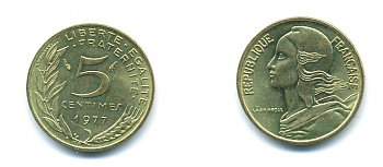ФРАНЦИЯ 5 САНТИМОВ 1977 ТИП MARIANNE KM 933 медь алюминий никель 84-1539