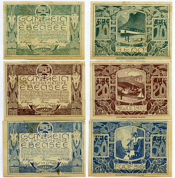 Австрия, Эбензе-ам-Траунзе набор из 3 банкнот 10, 20, 50 геллеров 1920 17 апреля 1920, нотгельд, ярмарочная коммуна в земле Верхняя Австрия   бумага  UNC (пресс) 7555-25-3-1