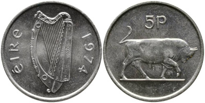 ИРЛАНДИЯ 5 ПЕНСОВ 1974 БЫК KM 22 медно-никель 4525-1132