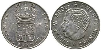 Швеция 1 крона 1973 Густав VI Адольф (1950-1973) KM 826а медь плакированная медно-никелем 91-216