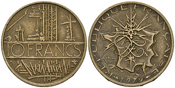 Франция 10 франков 1979 тип Матье KM 940, Le Franc 365.13-14 никель латунь 4120-513