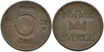 Швеция 5 эре 1972 Густав VI Адольф (1950-1973) KM 845 бронза 4152-443