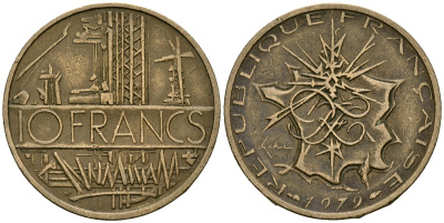 Франция 10 франков 1979 тип Матье KM 940, Le Franc 365.13-14 никель латунь 4120-513