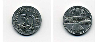 ГЕРМАНИЯ 50 ПФЕННИГОВ 1921 D KM 27, J. 301 алюминий 29-331