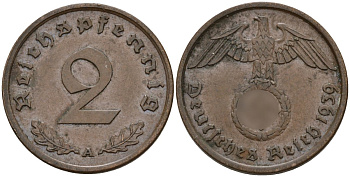 Германия 2 рейхспфеннига 1939 A KM 90, J. 362 бронза 4151-135
