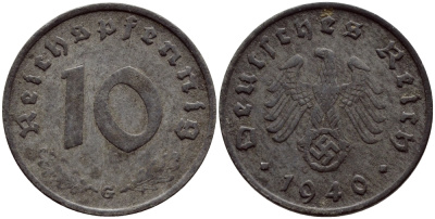 ГЕРМАНИЯ 10 РЕЙХСПФЕННИГОВ 1940 G, KM 101, J. 371 цинк 4391-1033
