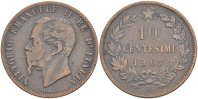 Италия 10 чентезимо 1867 H, Виктор Эммануил II (1861-1878) KM 11.3 медь 4526-843