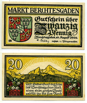 Берхтесгаден 20 пфеннигов 1920 13 августа 1920, нотгельд, земля Бавария Grabowski 76.3а бумага 2195-20-1-2