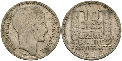 Франция 10 франков 1946 тип Пьер Турин KM 908.1, Le Franc 361.4 медно-никель 4120-1222