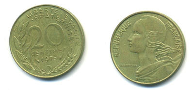 ФРАНЦИЯ 20 САНТИМОВ 1975 KM 930 медь алюминий никель 25-123