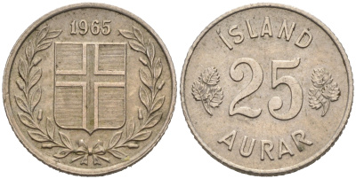 Исландия 25 эйре 1965 KM 11 медно-никель 4564-1244