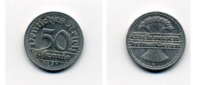 ГЕРМАНИЯ 50 ПФЕННИГОВ 1921 D KM 27, J. 301 алюминий 29-331