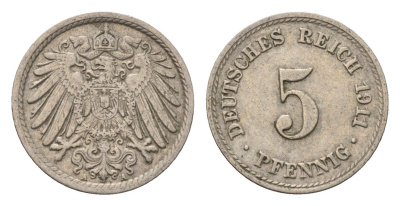Германия 5 пфеннигов 1911 A KM 11, J. 12 медно-никель 4696-645