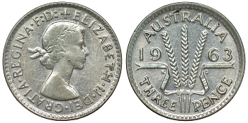 Австралия 3 пенса 1963 m, Елизавета II (1952-2022) KM 57 серебро 71-948
