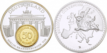 ФРГ МЕДАЛЬ С МОНЕТОЙ ЕВРОПЕЙСКИЕ ВАЛЮТЫ, АРХИТЕКТУРА PROOF 01-240-21