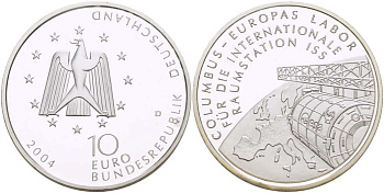 ФРГ 10 евро 2004 D, лаборатория Коламбус на МКС, космос, космическая станция KM 234, DE.S. 10.17 серебро PROOF 1085-5-45