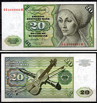 ФРГ 20 марок 1977 Эльсбет Тухер (Альбрехт Дюрер), скрипка, кларнет Pick 32 b  бумага  aUNC 451-919-2