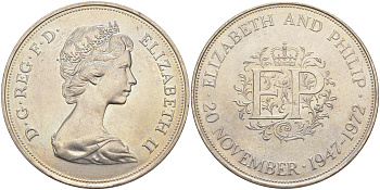Великобритания 25 пенсов 1972 25 лет со дня свадьбы Елизавтеы II И Филлипа (1947-1972, серебрянная свадьба), Елизавета II (1952-2022) KM 917, Spink 4226 медно-никель 4552-523