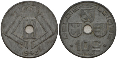 Бельгия 10 сантимов 1943 Belgie - Belgique KM 126 цинк 100-755