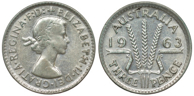 Австралия 3 пенса 1963 m, Елизавета II (1952-2022) KM 57 серебро 71-948