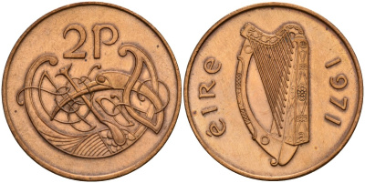 Ирландия 2 пенсов 1971 Виньетка в виде стилизованной птицы из второй библии Карла II Лысого KM 21 бронза 4140-235