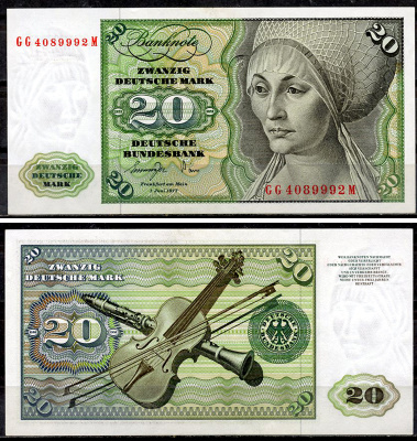 ФРГ 20 марок 1977 Эльсбет Тухер (Альбрехт Дюрер), скрипка, кларнет Pick 32 b  бумага  aUNC 451-919-2