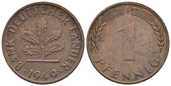 ФРГ 1 пфенниг 1949 J KM А101, J.376 сталь плакированная медью 4609-322